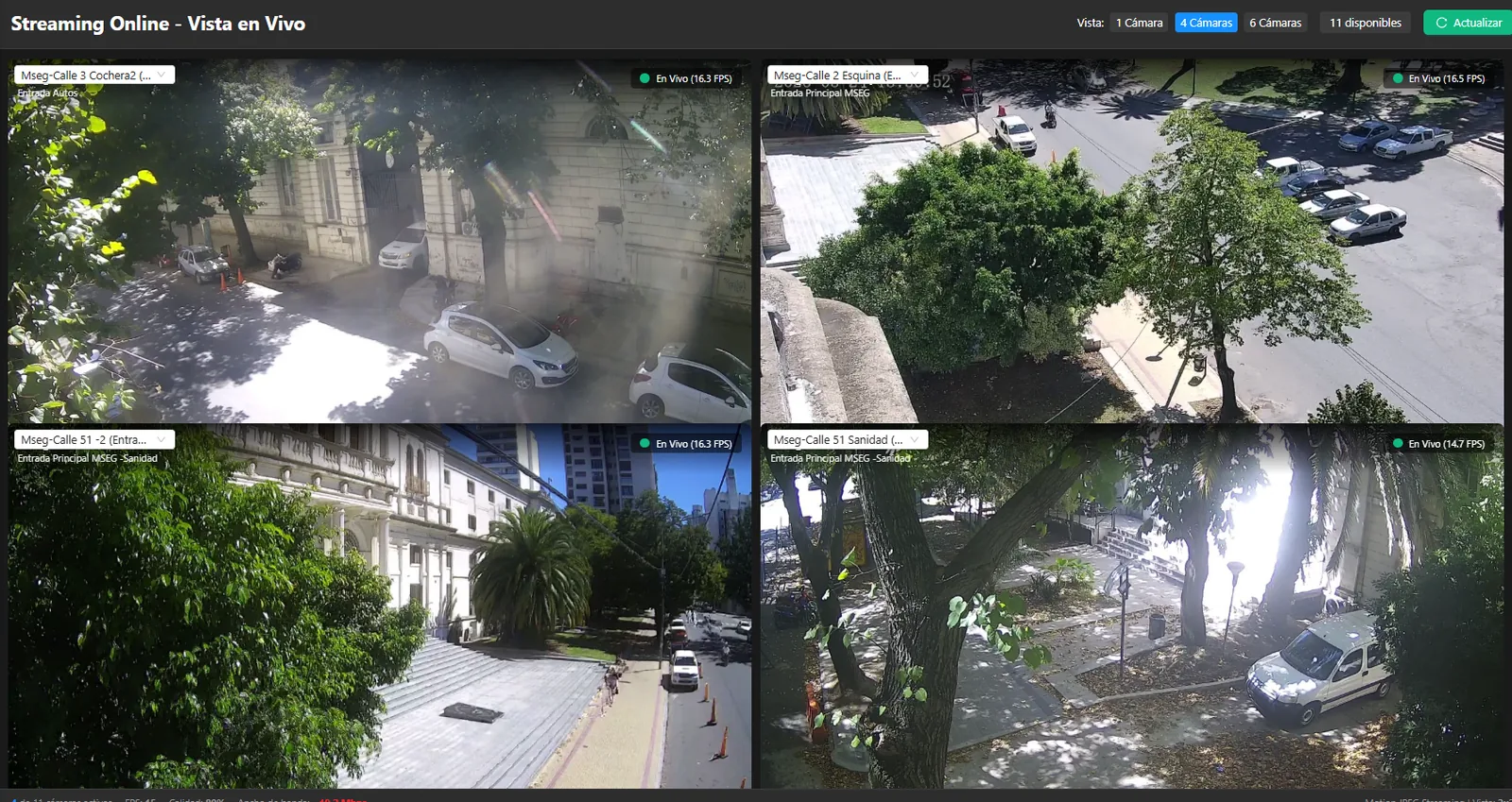 VideoWall de streaming en vivo con varias cámaras, FPS y estado por cámara